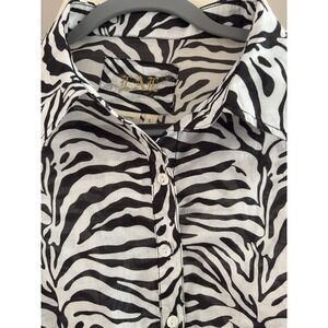 LAL NWT Cotton Silk Blend Top Women's Large White Black Zebra Print 3/4 Sleeve